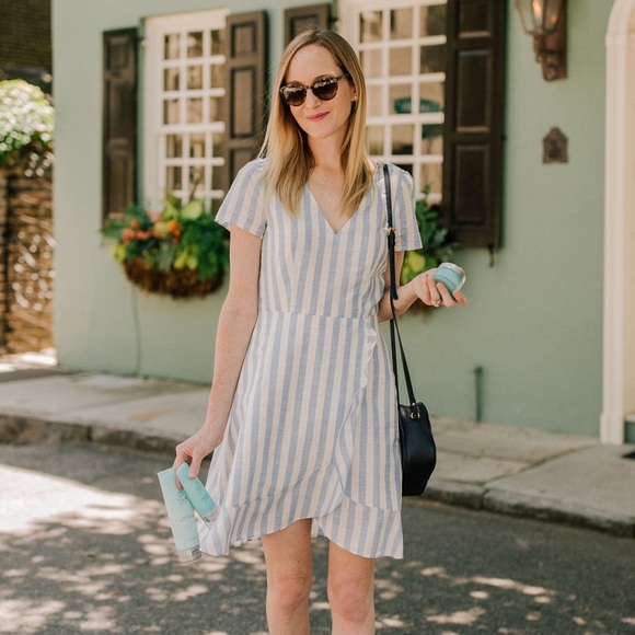 J. Crew Striped Faux Wrap Mini Dress Blue White Stripes - Picture 4 of 15